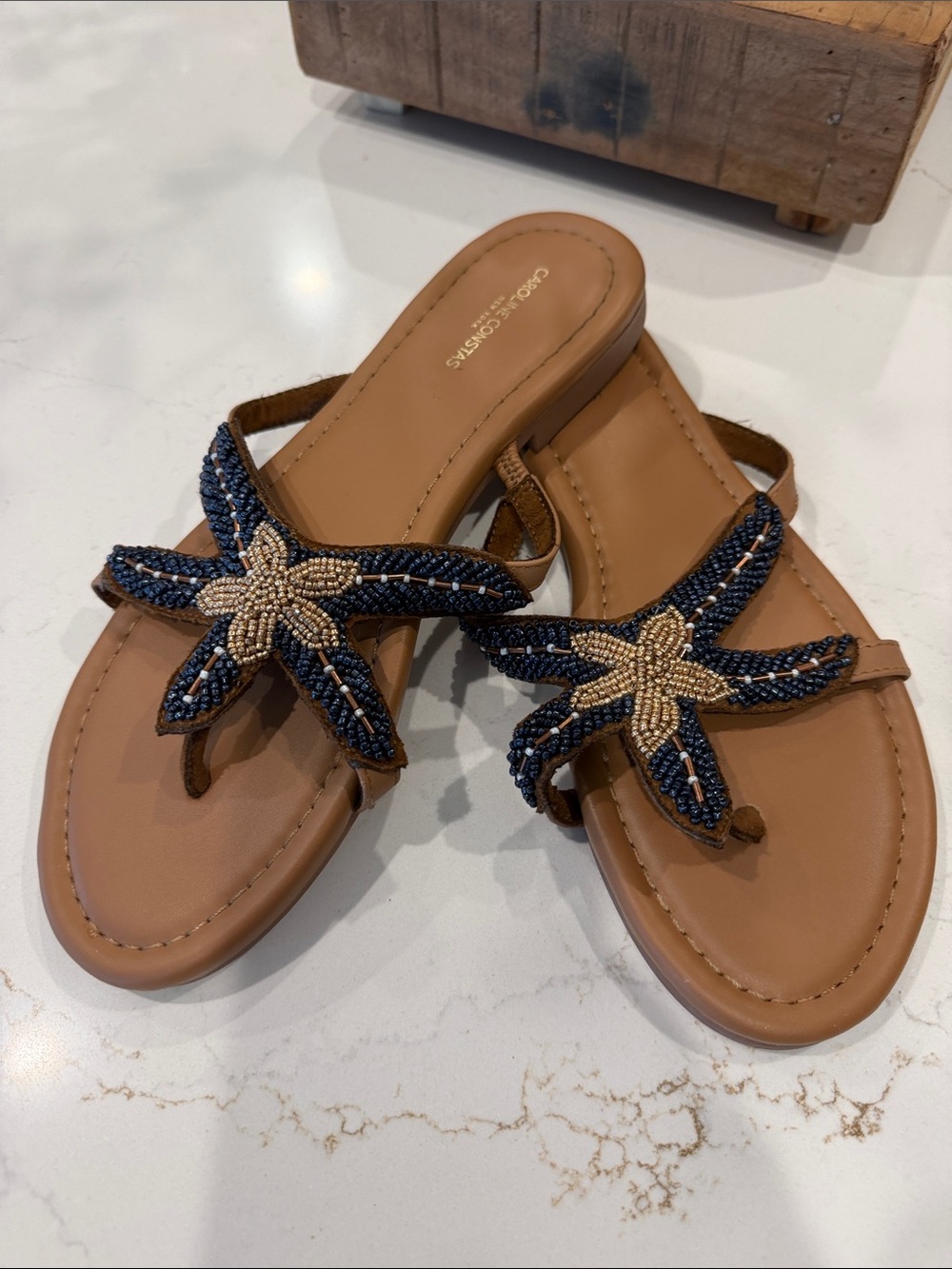 Like New! Beaded Starfish Leather Slide Sandals - Brown/Navy